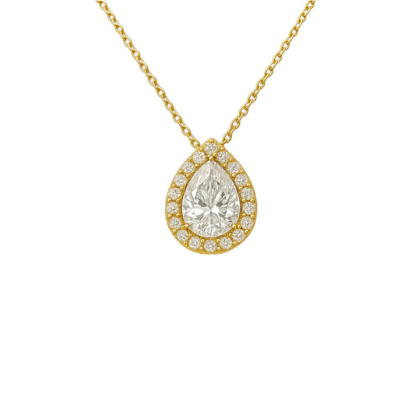Pear Shape Halo 14K Solid Gold Diamond Pendant For Her