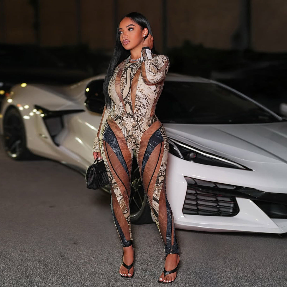 Personalized Snake-Print Bodycon Sexy Jumpsuit And Pants Set